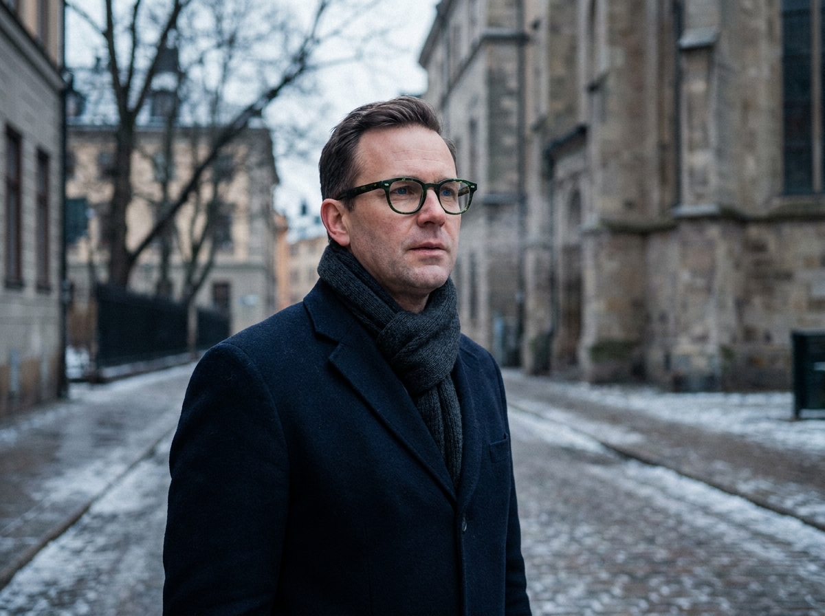 Homme en manteau marine portant des lunettes à monture verte écaille dans une rue pavée en hiver