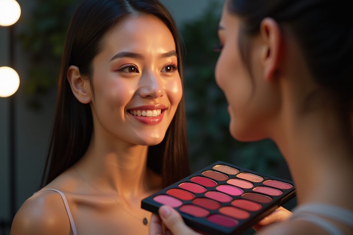 Maquilleuse avec palette de rouges à lèvres dans un studio moderne
