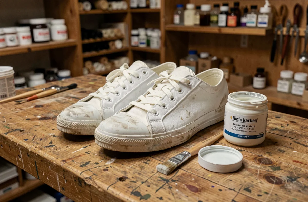 Peinture blanche pour chaussures appliquée sur une basket en cuir posée sur un établi en bois avec un pinceau et un pot de peinture ouverts