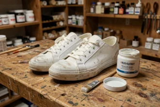 Peinture blanche pour chaussures appliquée sur une basket en cuir posée sur un établi en bois avec un pinceau et un pot de peinture ouverts