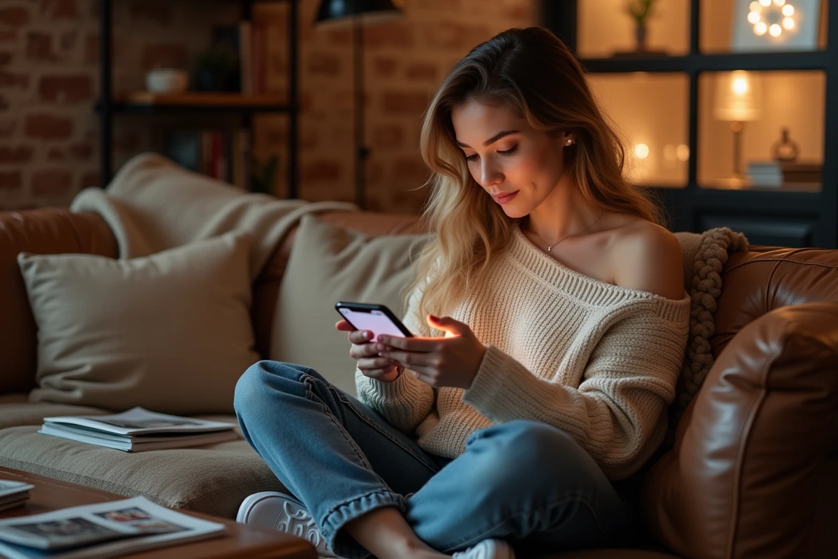Jeune femme explorant une plateforme de contenu exclusif sur smartphone dans un salon cosy