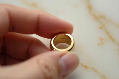 Poinçon 750 gravé à l'intérieur d'une bague en or jaune tenu entre les doigts d'une femme sur fond de marbre blanc