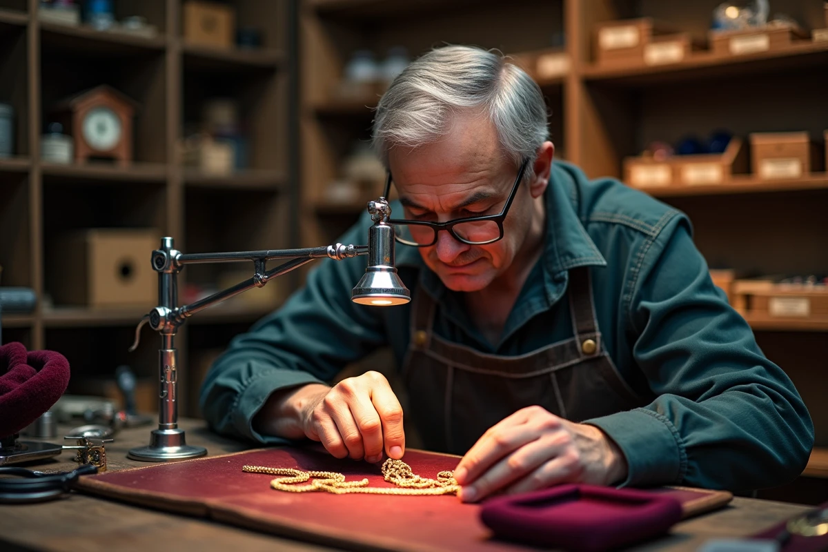Bijoutier examinant le poinçon d'un collier en or à la loupe dans un atelier de joaillerie traditionnel
