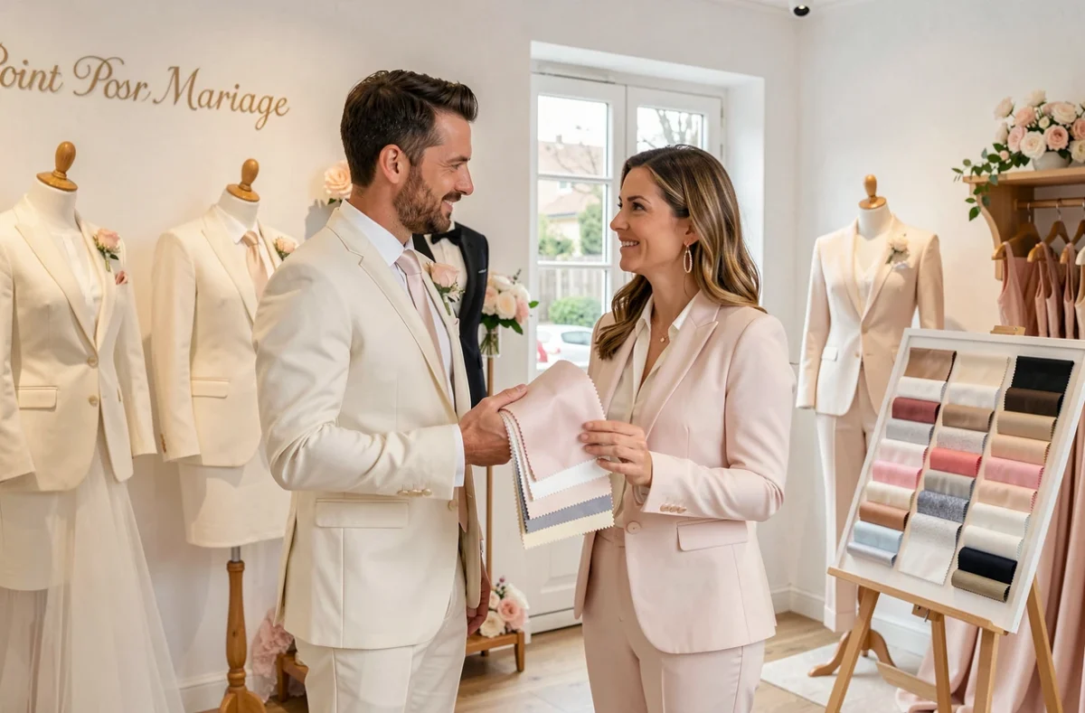 Un homme essaie un costume de cérémonie ivoire avec l'aide d'une conseillère chez Point Mariage en Centre-Val de Loire