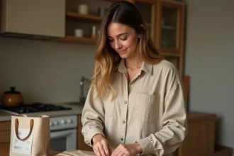 Femme préparant un colis vêtement pour une livraison en point relais Vinted, emballage soigné sur une table en bois