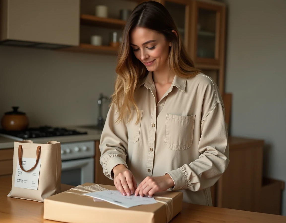 Femme préparant un colis vêtement pour une livraison en point relais Vinted, emballage soigné sur une table en bois