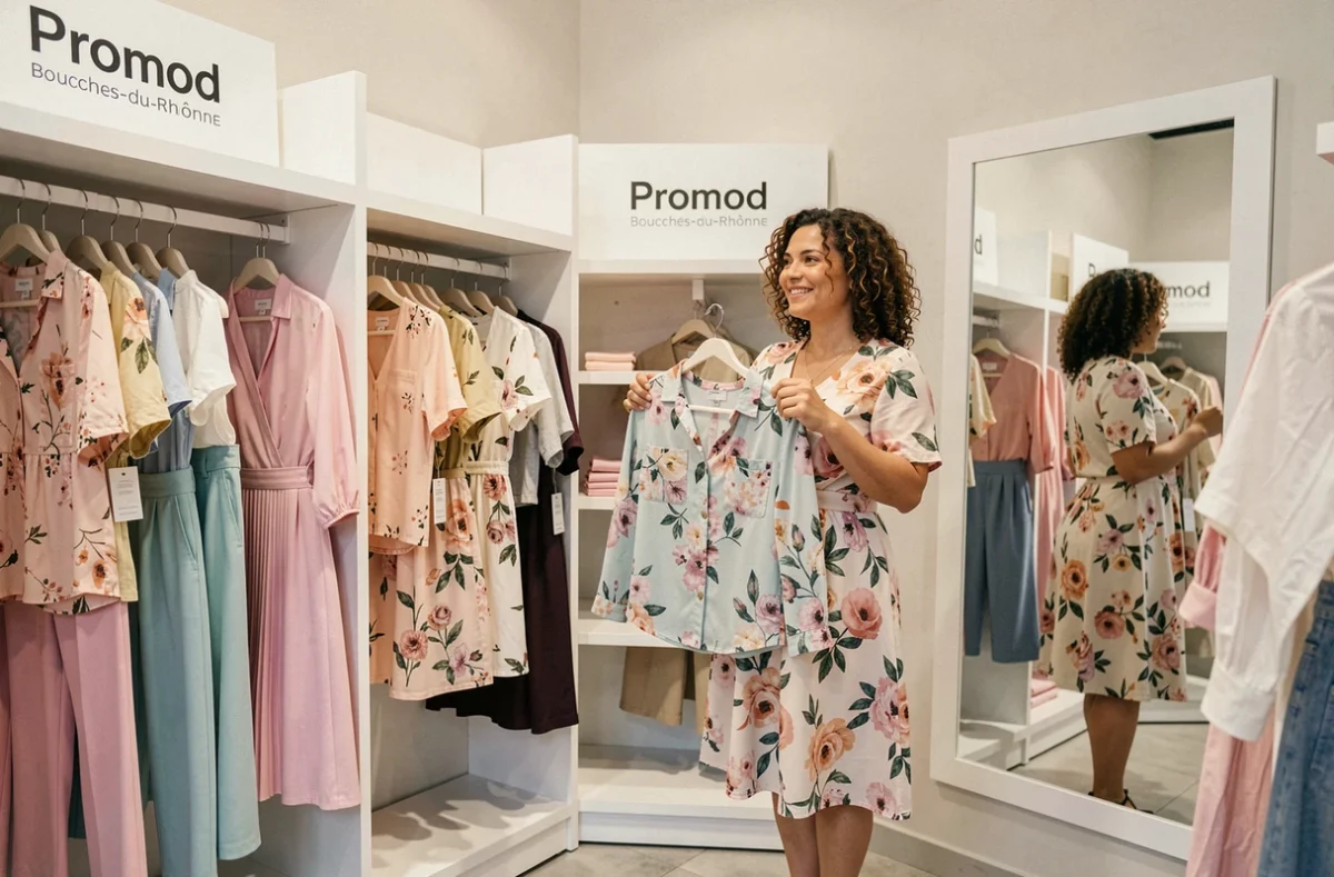 Corner grande taille Promod dans un centre commercial des Bouches-du-Rhône avec une cliente essayant un haut