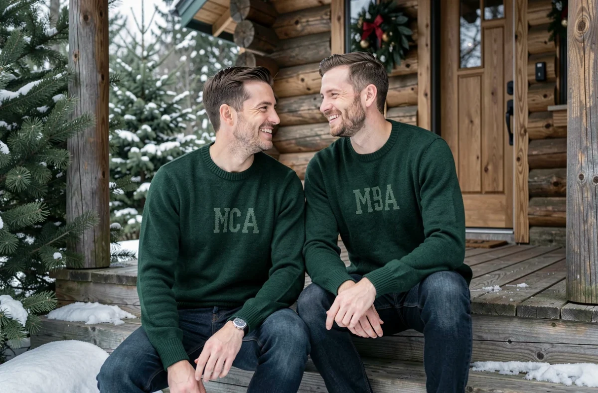 Couple assorti en pulls de Noël personnalisés vert forêt avec initiales, assis sur les marches d'un chalet en bois sous la neige légère