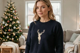 Femme portant un pull de Noël personnalisé en laine marine avec broderie minimaliste renne, dans un salon scandinave décoré pour les fêtes