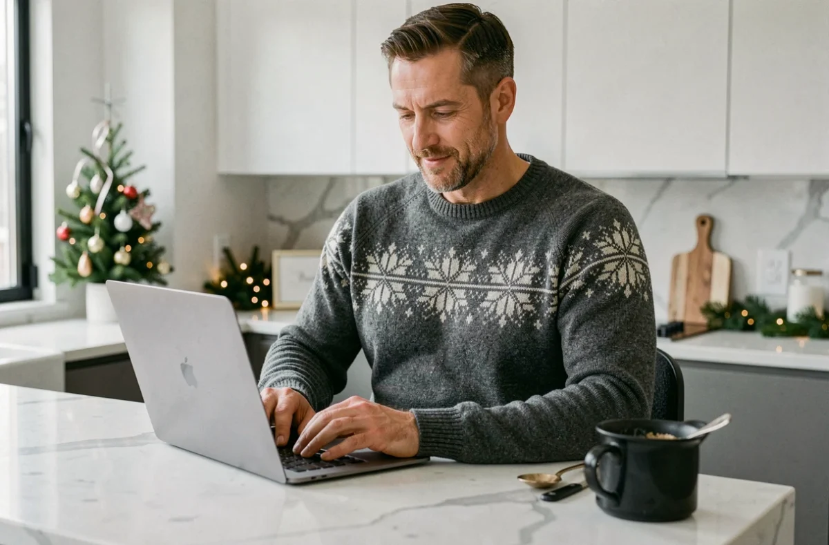 Homme en pull de Noël personnalisé gris chiné avec motif flocon géométrique, installé devant un ordinateur dans une cuisine moderne décorée pour les fêtes