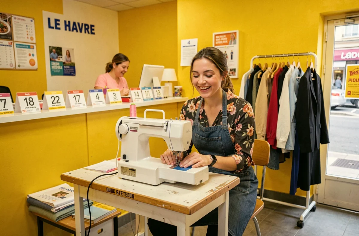 Couturière de Rapid Couture au Havre travaillant sur une machine à coudre dans une boutique de retouche rapide
