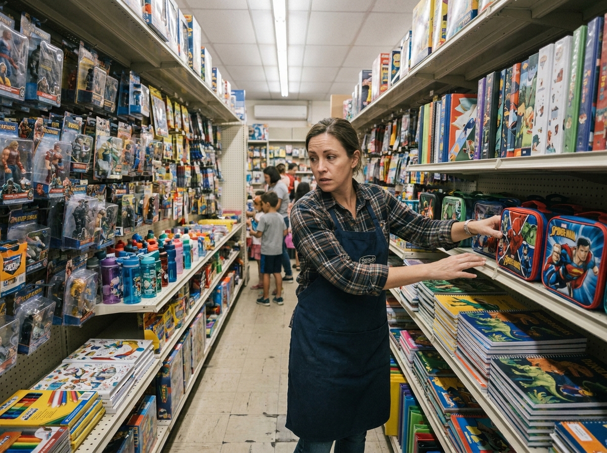 Rayon de papeterie et jouets en magasin avec articles de rentrée à thèmes dinosaures et super-héros