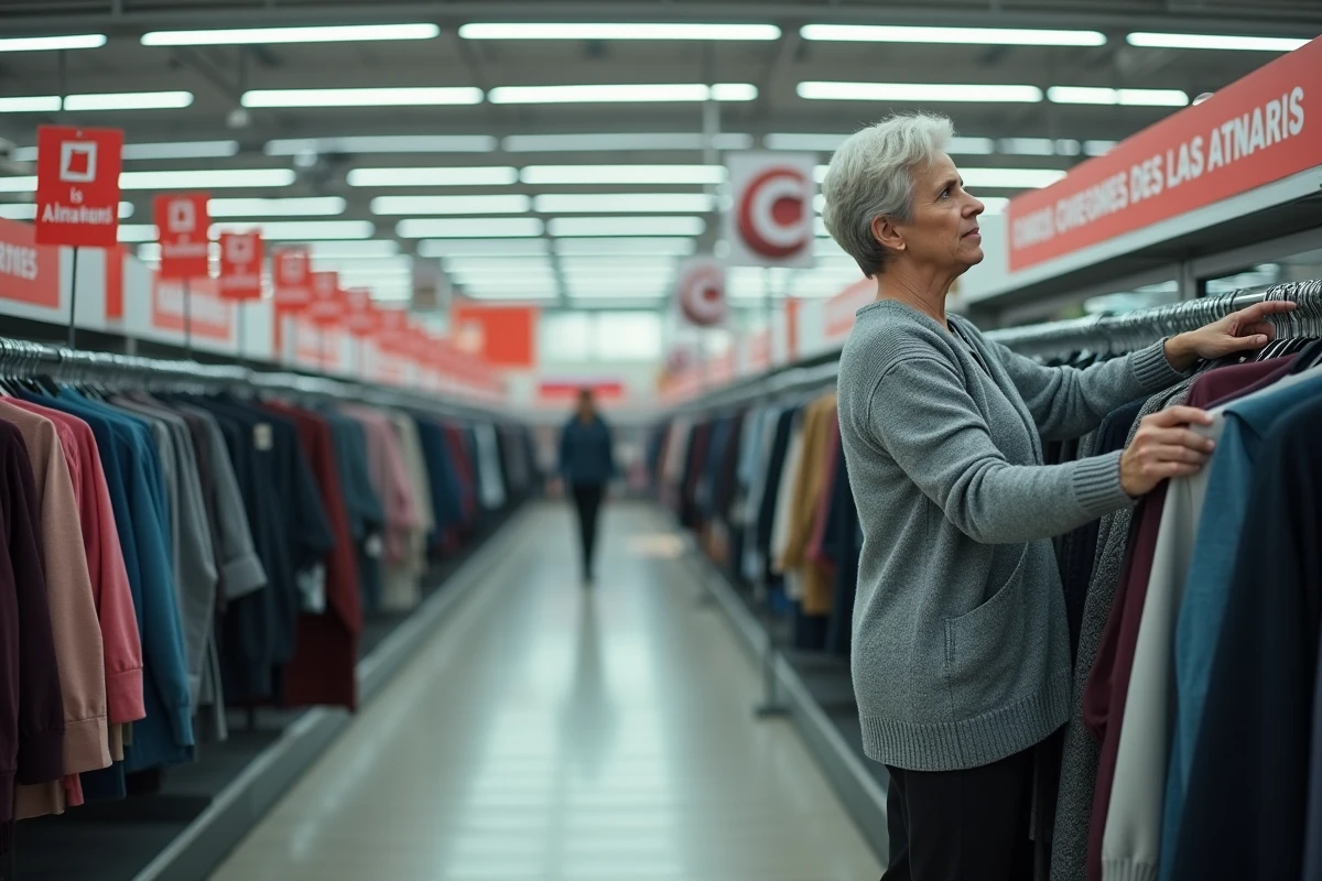 Rayon clairsemé d'un magasin C&A avec peu de stock visible et une cliente parcourant des vêtements en solde