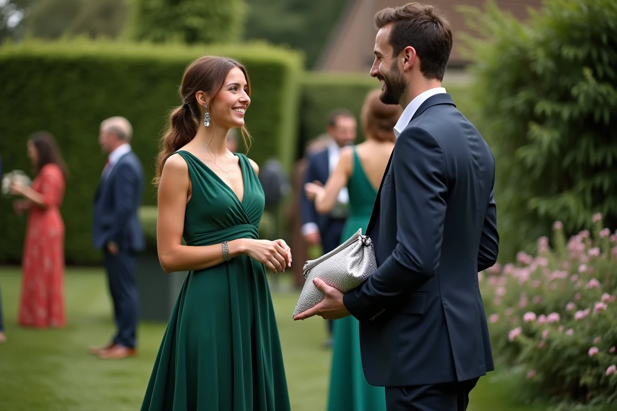 Jeune couple en réception dans un jardin verdoyant