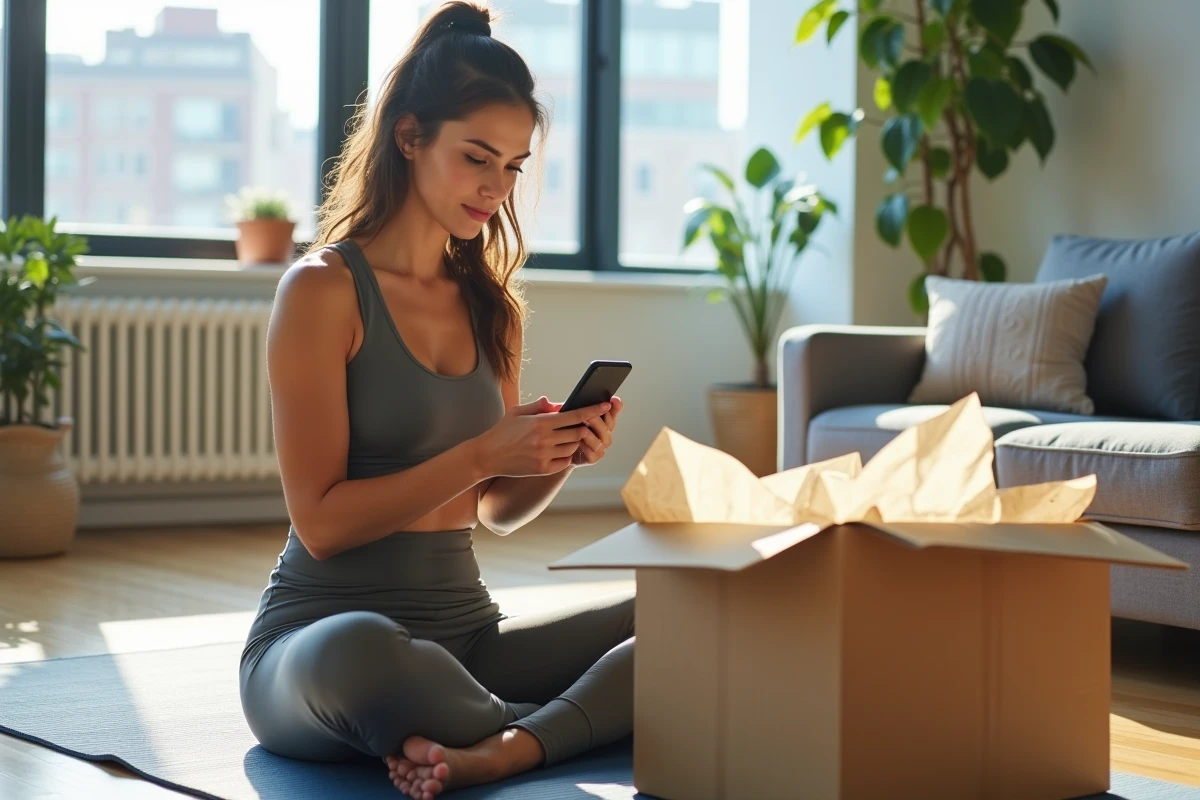 Femme rédigeant un avis en ligne sur Halara après avoir reçu sa commande de vêtements de sport