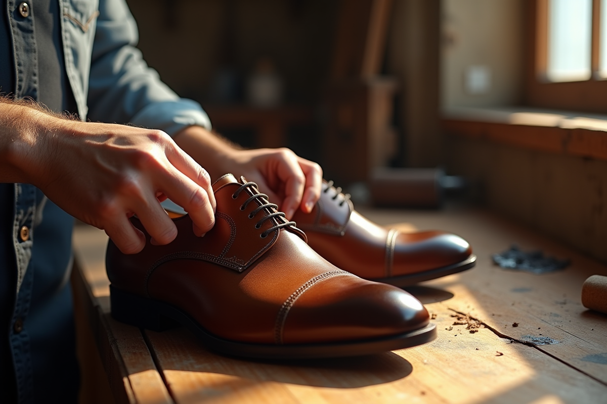 artisan inspectant et polissant des chaussures en cuir de qualité