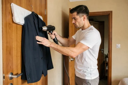Homme repassant une veste de costume contre une porte en bois avec un défroisseur vapeur portatif dans un appartement