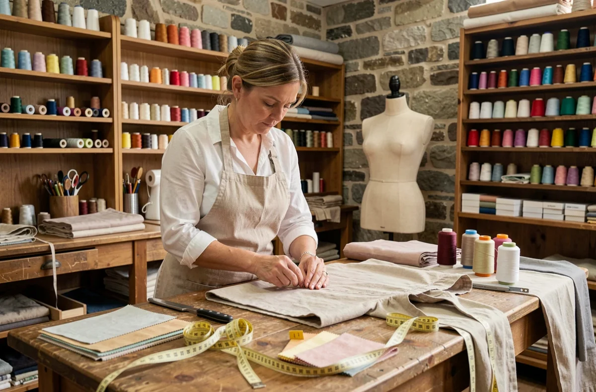 Atelier de retoucherie en Normandie avec une couturière travaillant sur un vêtement entouré de bobines de fil et de patrons