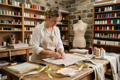 Atelier de retoucherie en Normandie avec une couturière travaillant sur un vêtement entouré de bobines de fil et de patrons