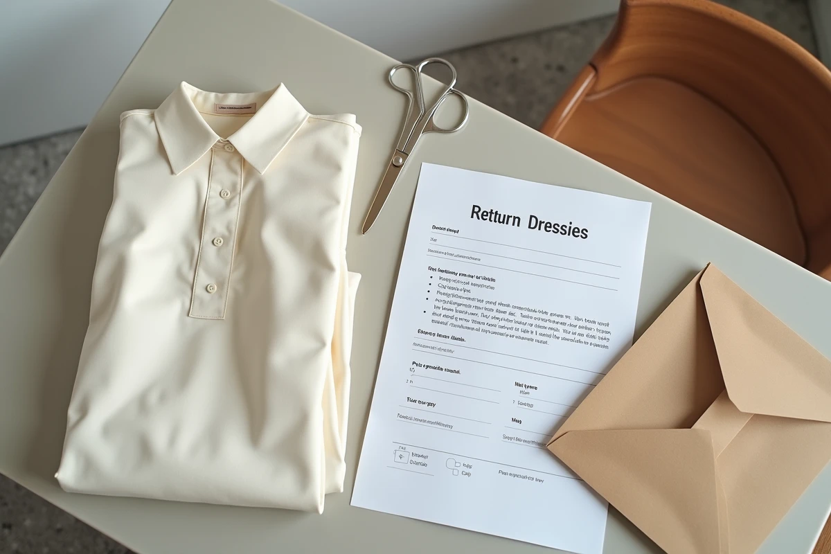 Robe de couture pliée avec un bon de retour et une enveloppe sur une table, illustrant le processus de remboursement chez Nice Couture