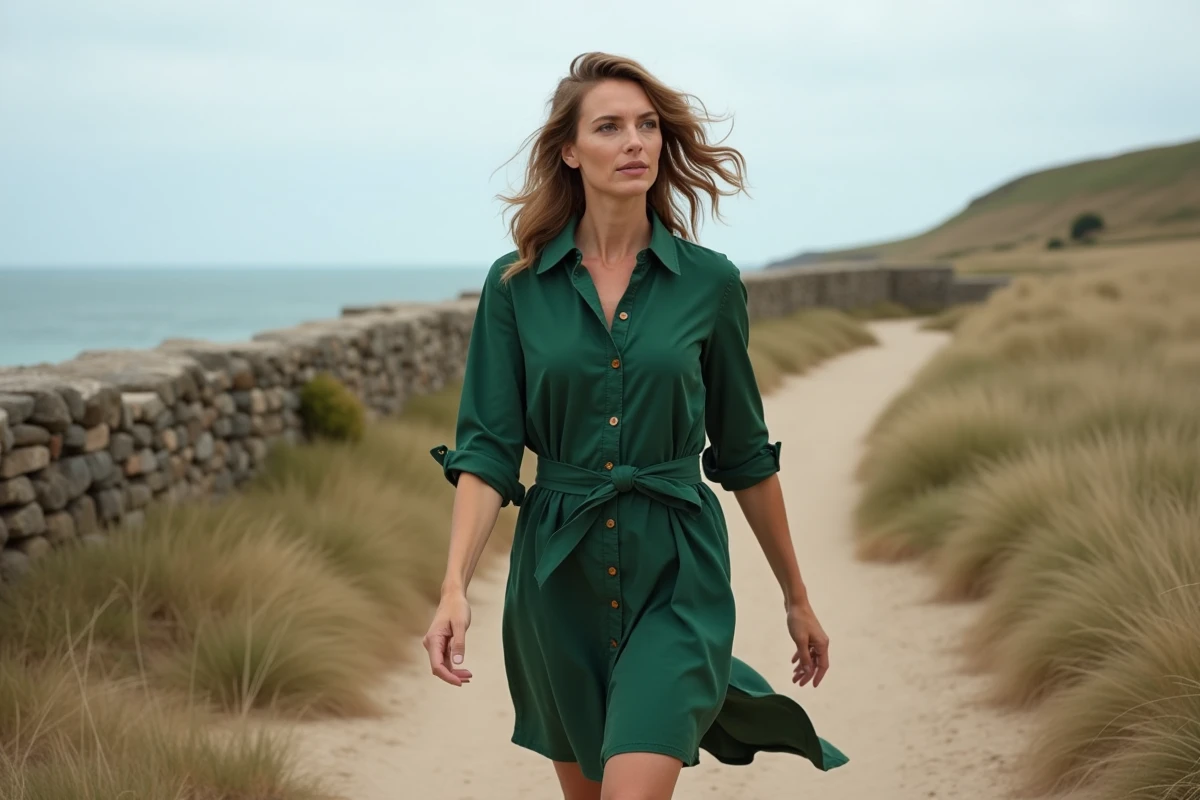 Femme en robe chemise coton vert forêt sur sentier côtier, tendance mode durable et désirable printemps-été 2026