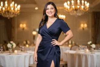 Femme petite et ronde en robe de soirée longue bleu marine lors d'une soirée élégante