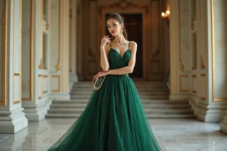 Femme en robe verte élégante dans un hall raffine