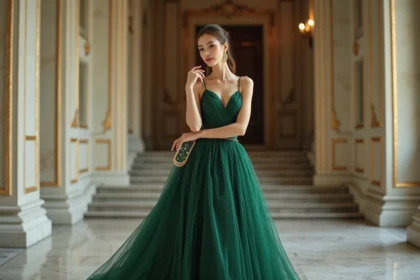 Femme en robe verte élégante dans un hall raffine