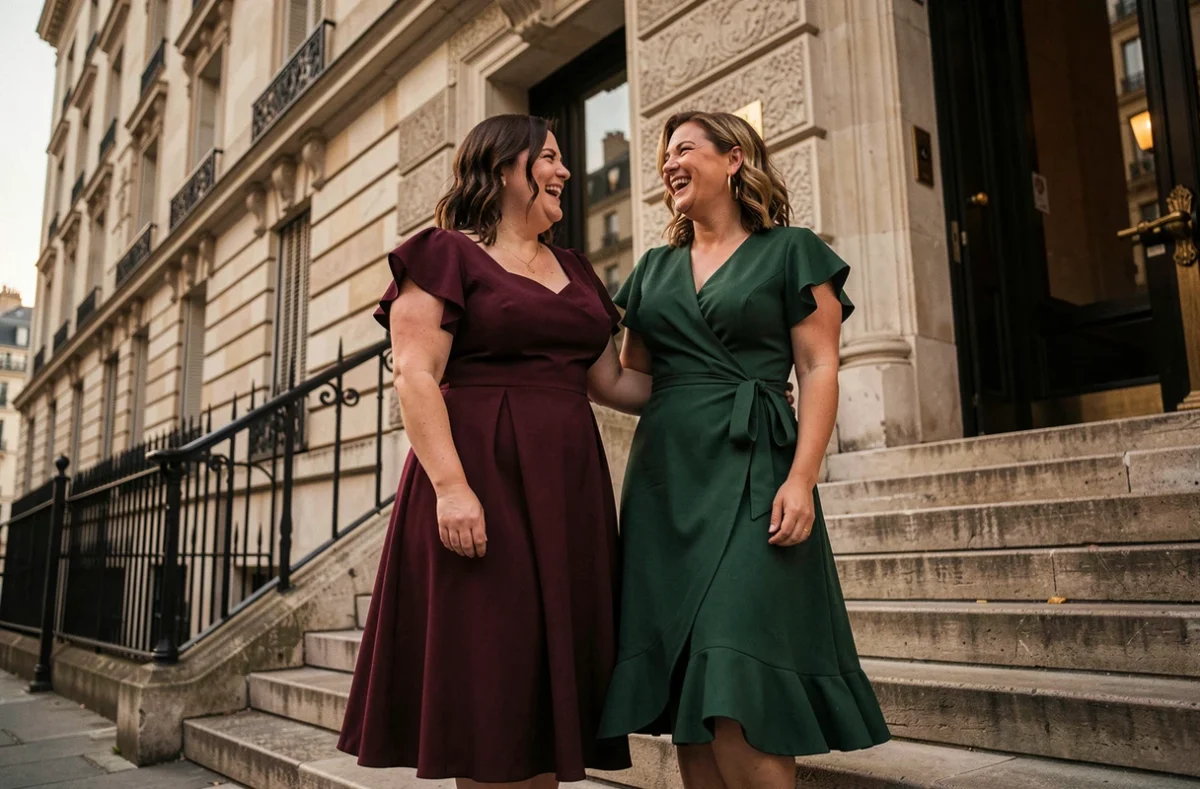 Deux femmes petites et rondes en robes de cocktail colorées devant un immeuble haussmannien