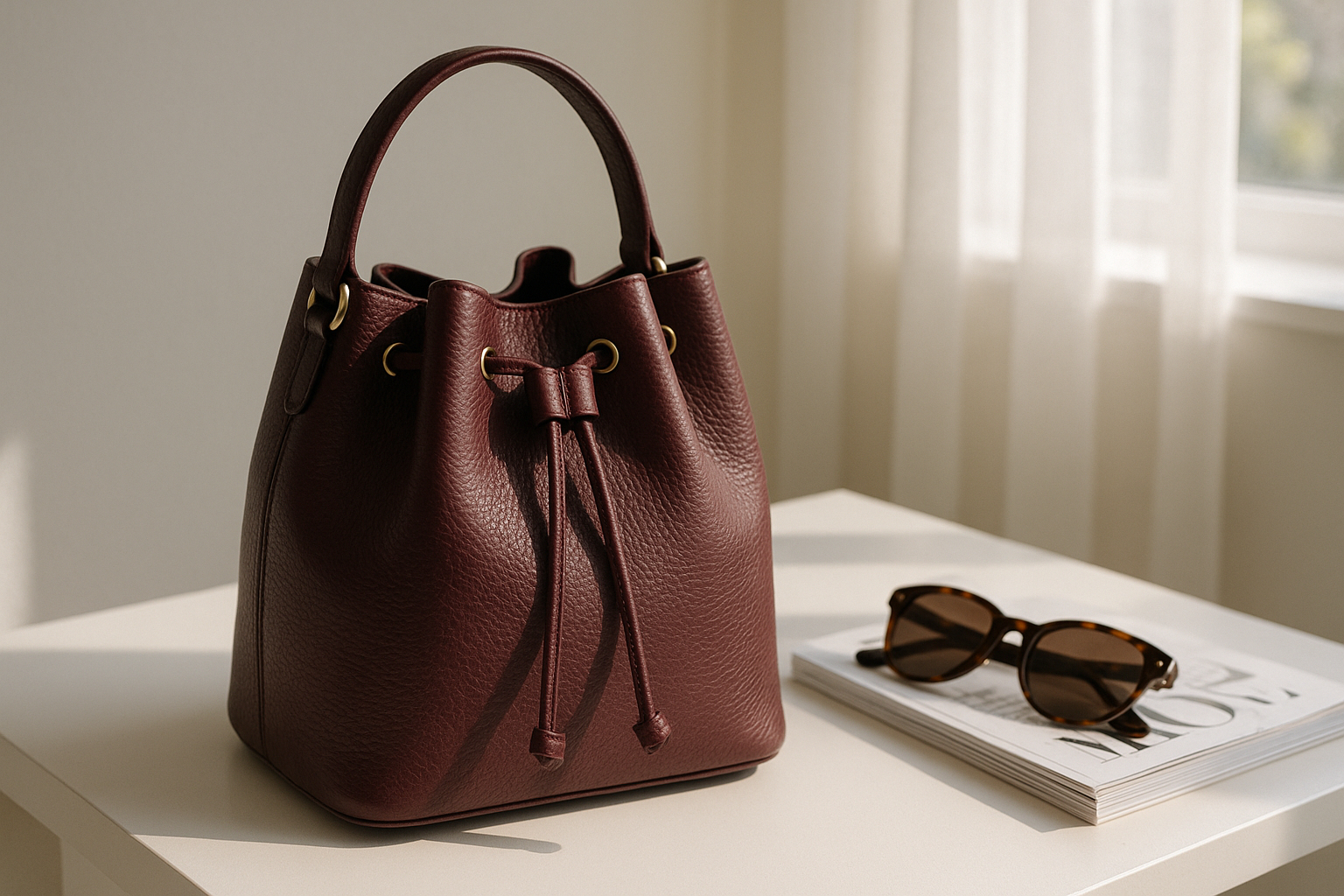 Zoom sur sac en cuir bordeaux sur table blanche