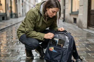 Femme avec un sac à dos imperméable organisé sous la pluie dans une ruelle pavée urbaine