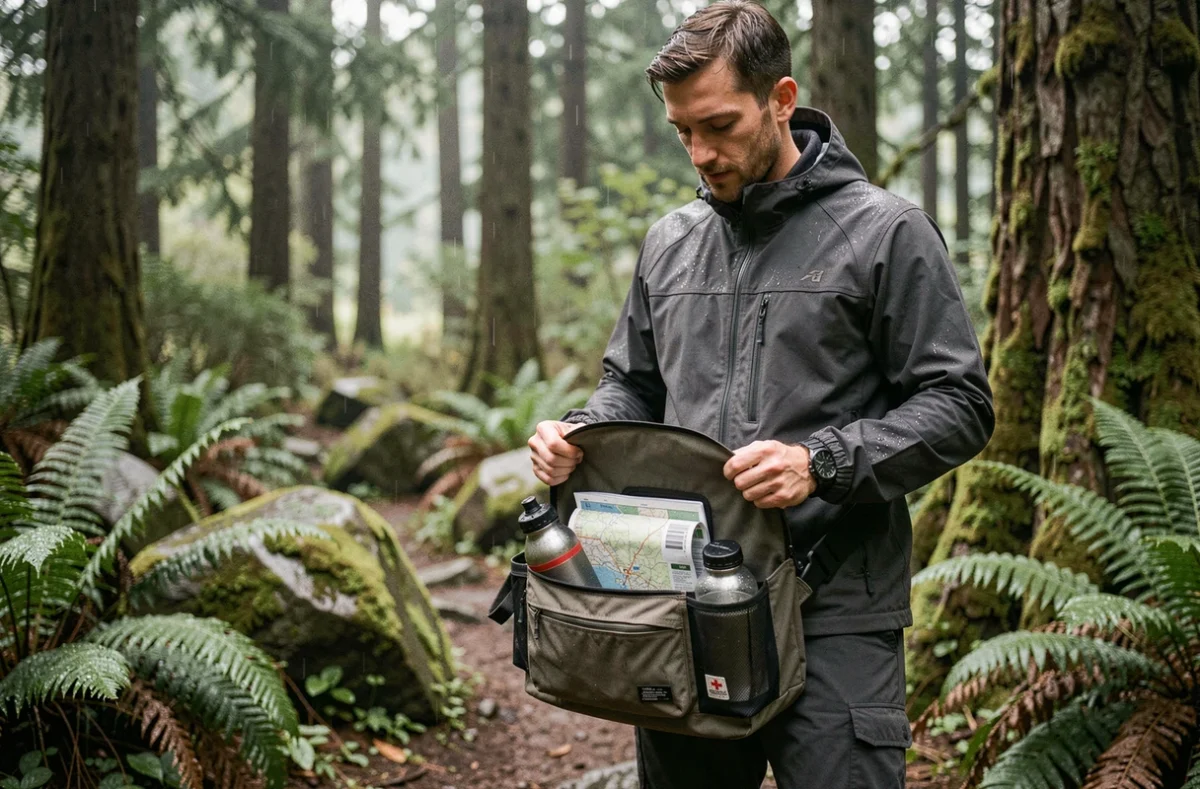 Randonneur ouvrant un sac imperméable bien organisé sous la pluie en forêt