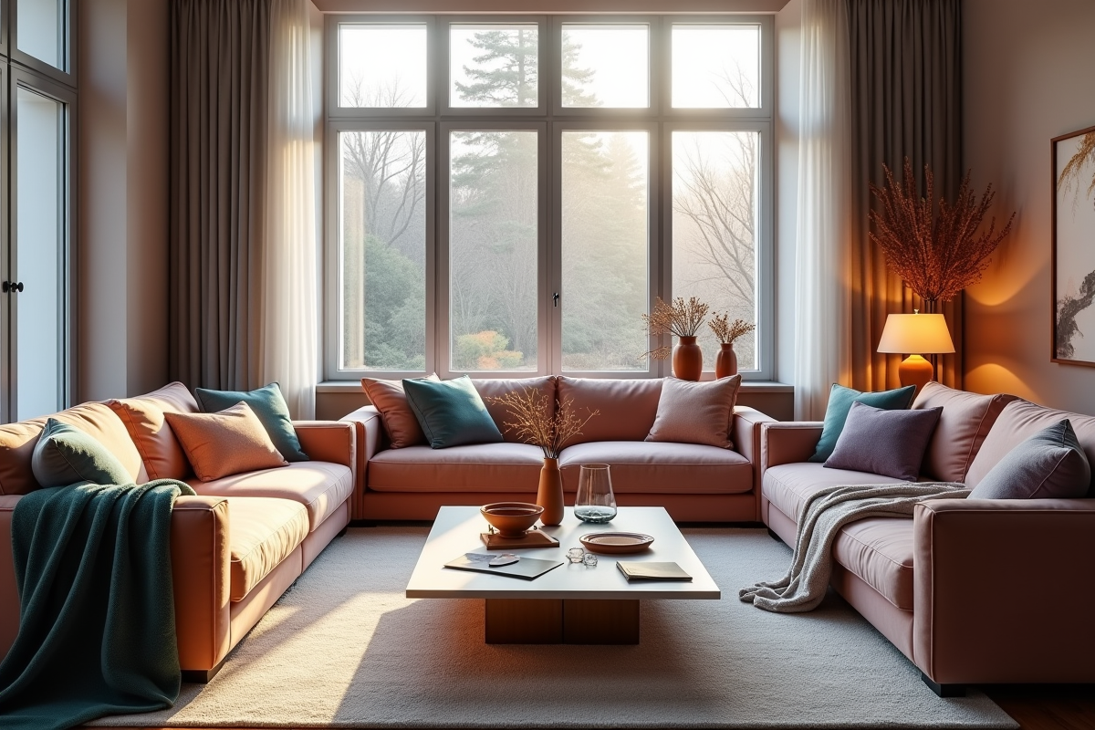 Salon moderne hiver 2025 couleurs tendance chaleureuses