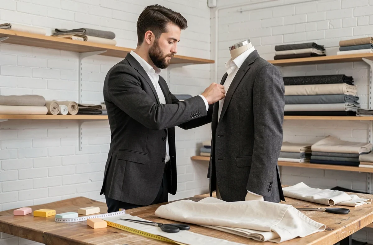 Jeune tailleur travaillant sur un costume sur mesure dans l'atelier Samson Bellecour