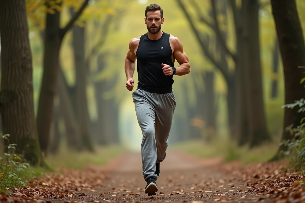 Sportif en sarouel jogging gris courant sur un sentier forestier en plein effort