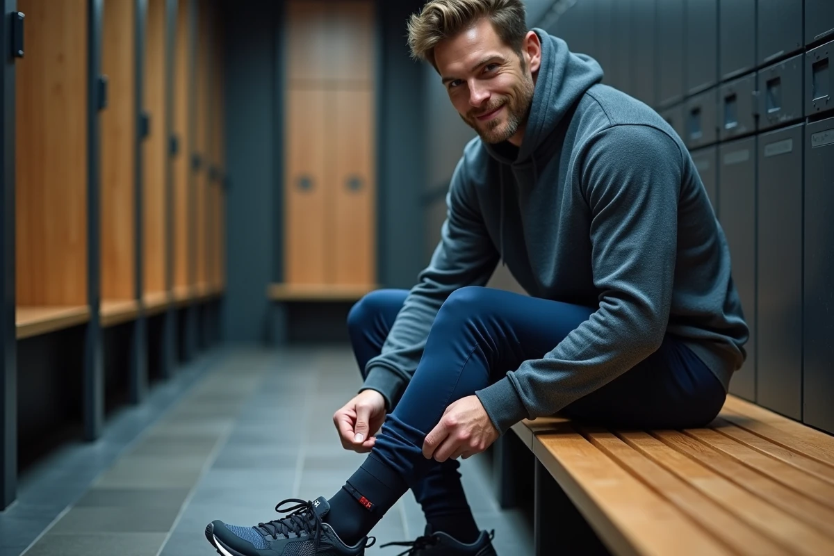 Homme en sarouel jogging bleu marine lacant ses chaussures sur un banc de vestiaire avant le sport