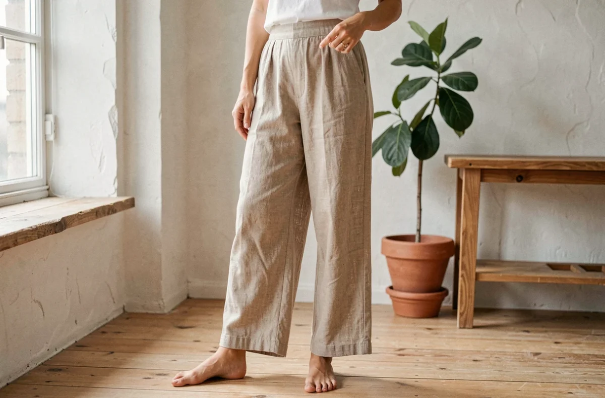 Femme portant un sarouel en lin naturel dans un intérieur minimaliste, mettant en valeur la texture et le tombé du tissu
