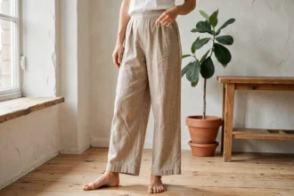 Femme portant un sarouel en lin naturel dans un intérieur minimaliste, mettant en valeur la texture et le tombé du tissu