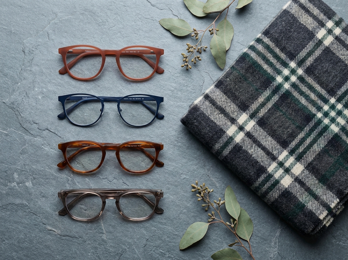 Sélection de montures de lunettes aux couleurs hivernales posées sur une surface en ardoise avec des accessoires de saison