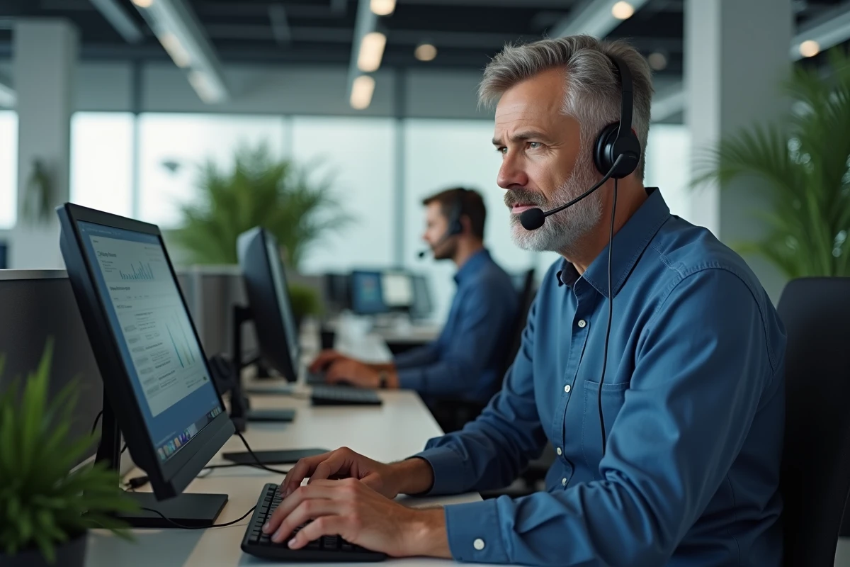 Conseiller du service client en train de traiter une réclamation au téléphone, représentant le service après-vente d'une boutique de couture en ligne