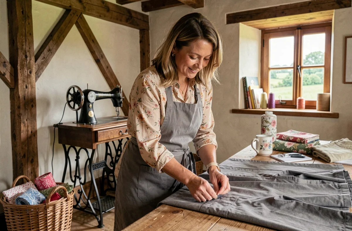 Sandrine Roy travaillant sur un ourlet de pantalon dans son atelier de couture à domicile à Vire-Normandie