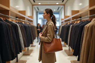 Femme parcourant des vêtements de marques premium dans un magasin outlet moderne de type Macarthur Miramas