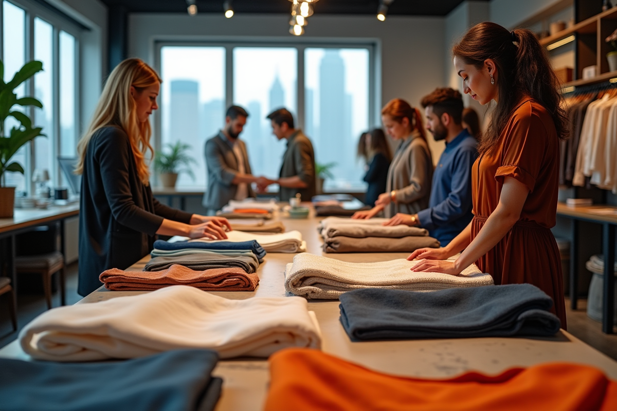 Showroom de mode avec table de textiles et mains inspectant les tissus
