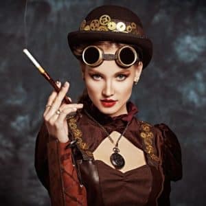 Tenue steampunk élégante avec accessoires vintage et éléments futuristes