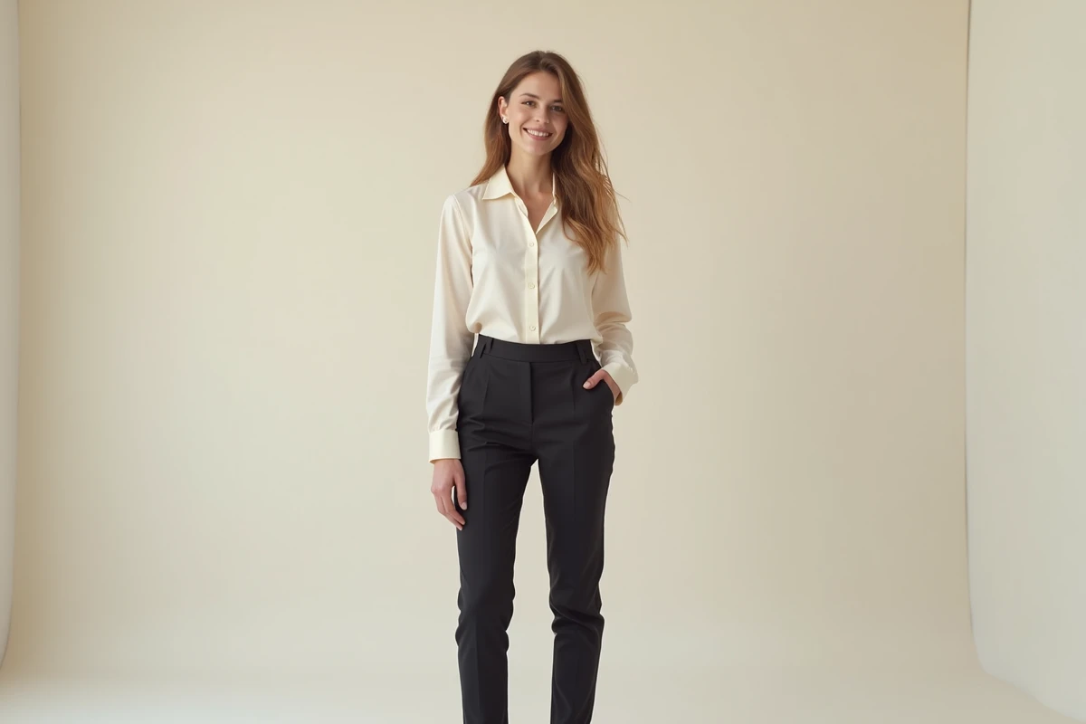 Portrait en pied d'une jeune femme souriante en studio montrant sa silhouette et sa taille réelle