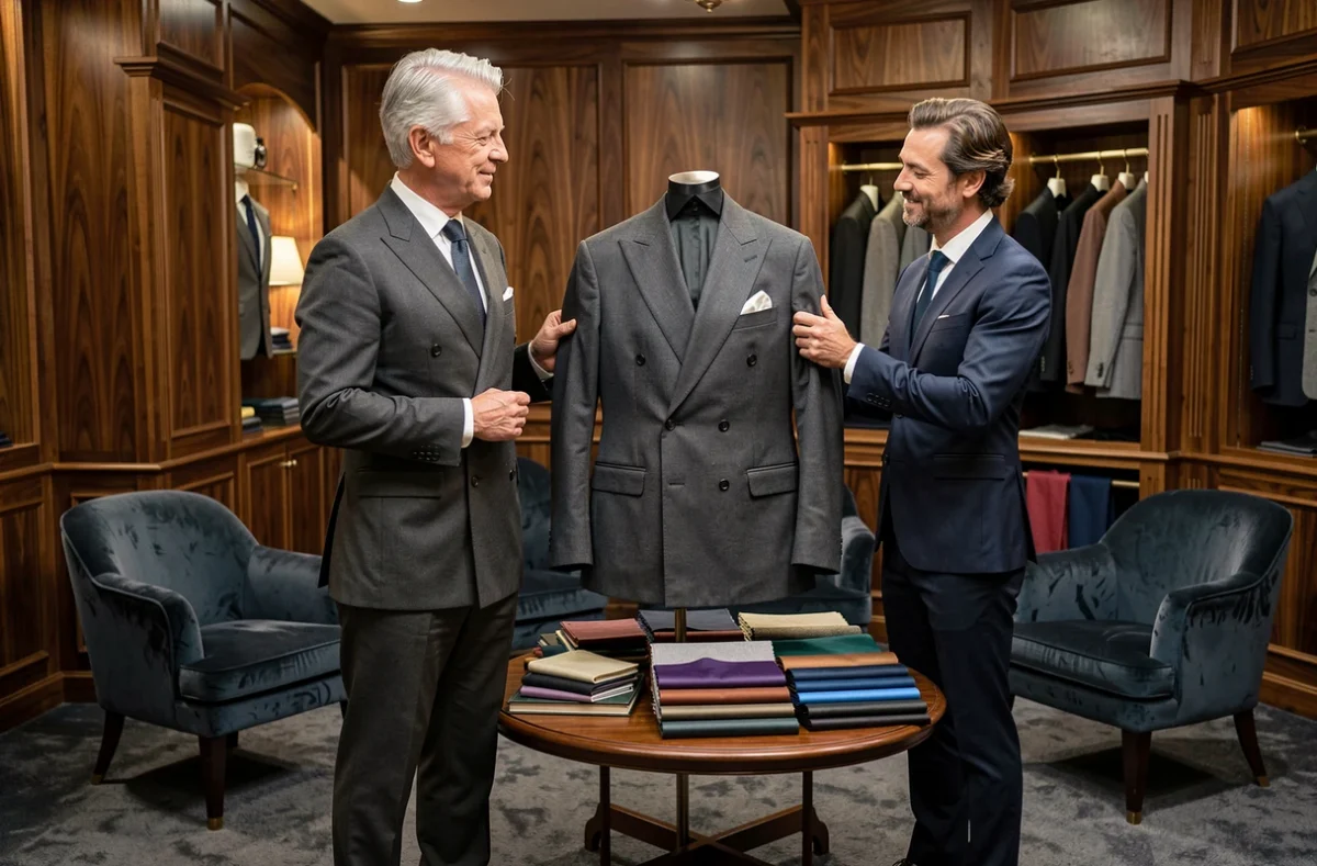 Tailleur de luxe présentant un costume bespoke à un client dans le salon haut de gamme TailleurLux