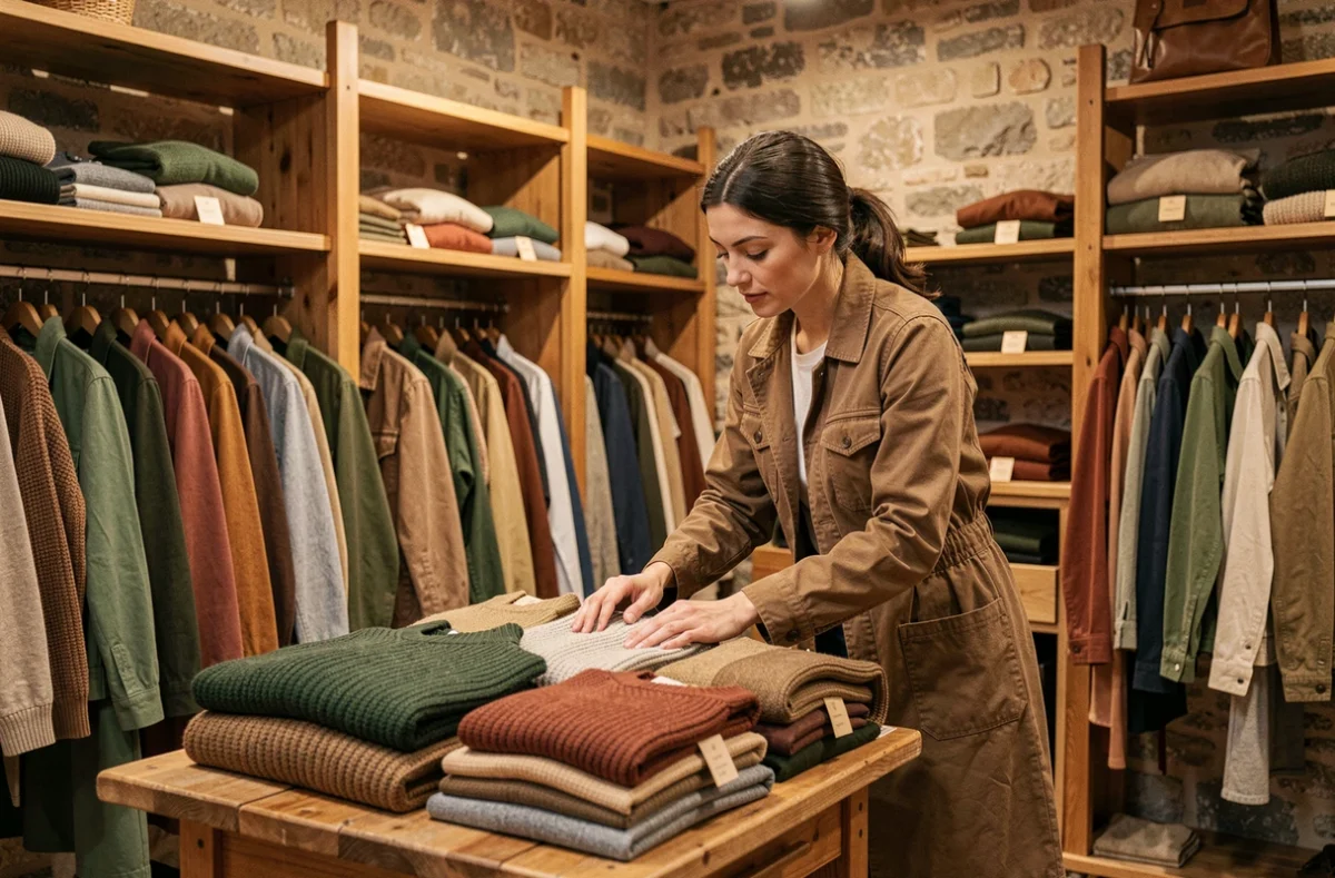 L'intérieur chaleureux de la boutique Terre de Feu avec ses vêtements outdoor et sa déco rustique en bois et pierre