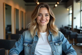Femme souriante avec coupe de cheveux avant après en salon