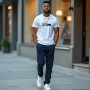 Jeune homme portant un t-shirt Drake blanc et des baskets blanches avec un chino marine en milieu urbain