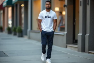 Jeune homme portant un t-shirt Drake blanc et des baskets blanches avec un chino marine en milieu urbain